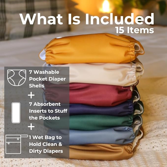 Nora's Nursery AWJ Cloth Diapers 7 Pack with 1 Wet Bag - Waterproof Cover, Washable, Reusable & One Size Adjustable Pocket Diapers for Newborns and Toddlers - Pacific Neutrals
