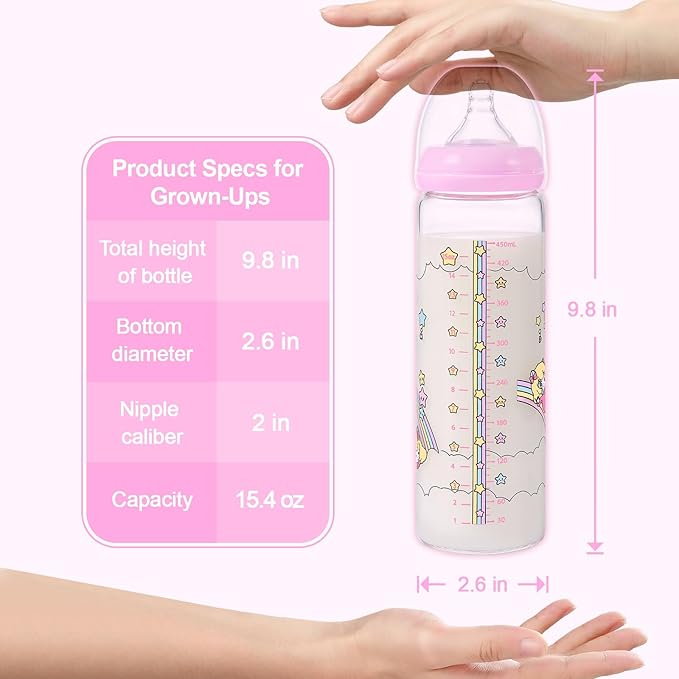 LittleForBig Adult Baby Bottle Ultra Printed Specialty Oversized Glass Feeding Fairy Littles in Dreamland Pattern