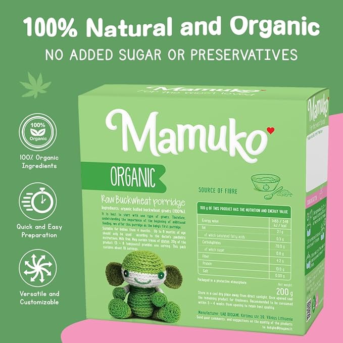 MAMUKO Organic Raw Buckwheat Porridge - High Fiber Porridge with No Added Sugar, Milk & Preservatives - Vegan Porridge Ideal for Little Ones from 4+ Months - (200g - 10 Servings)