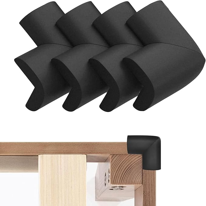Bed Frame Corner Protector Black: 4 Pack Foam Rubber Guards Bumpers for Bed Table Cabinet Corner Safe Impact Absorption for Kids & Seniors (4, Black)