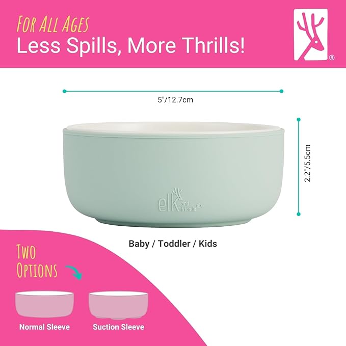 Elk and Friends Kids Porcelain Bowls with Silicone Sleeves | Suitable for Babies/Toddlers | Microwave & Dishwasher Safe | Non Slip Dinnerware | Snack Dishes | 2 Pack