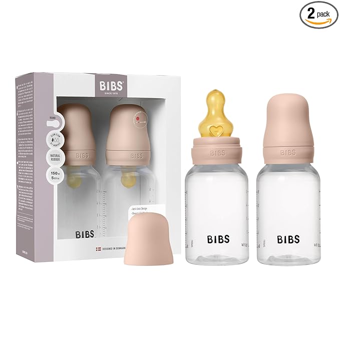 BIBS Baby Bottles 2-Pack, 5 Oz, Round Latex Nipple, Anti-Colic System for Gas Reduction., BPA-Free, Lightweight & Easy to Clean, Suitable for Newborns 0+ Years - 150ml (Pack of 2) Blush