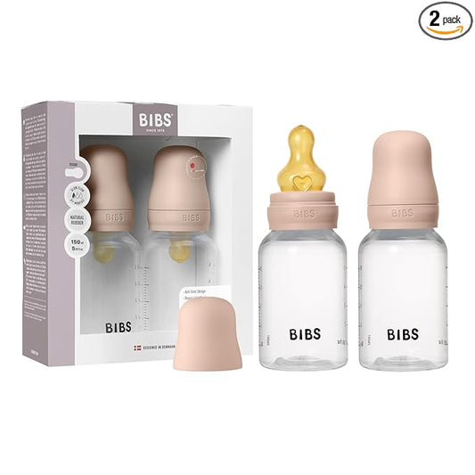 BIBS Baby Bottles 2-Pack, 5 Oz, Round Latex Nipple, Anti-Colic System for Gas Reduction., BPA-Free, Lightweight & Easy to Clean, Suitable for Newborns 0+ Years - 150ml (Pack of 2) Blush