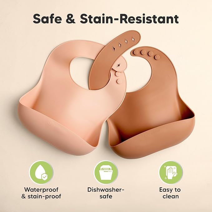 KeaBabies 2-Pack Silicone Bibs for Babies, Toddlers Girl, Boy – Sturdy Food-Grade Baby Bibs for Eating, Large Food Catcher, Clean & Put On Easily, Waterproof Toddler Feeding Essentials (Dusk)