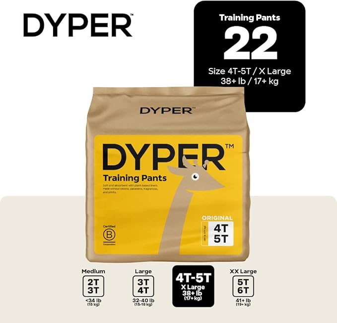 DYPER Toddler Potty Training Pants Girls & Boys, Honest Ingredients, Day & Overnight, Made with Plant-Based* Materials, Hypoallergenic for Sensitive Skin, Unscented (Size 4T-5T, 22, Count)