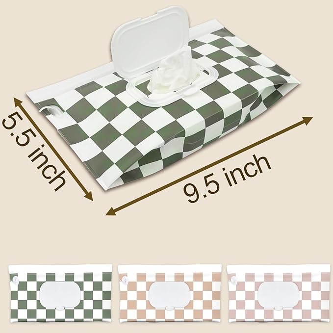 cephira Baby Wipe Holder, 3-Pack Portable Refillable Wipe Dispenser, Waterproof & Dustproof Travel Baby Wipes Case, Reusable Diaper Wipe Container with Checkerboard Design
