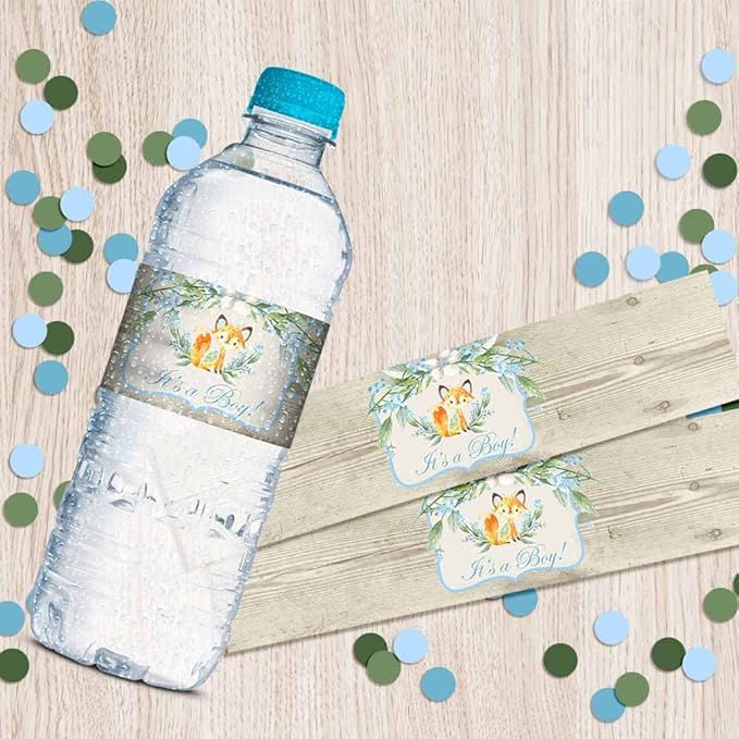 Watercolor Woodland Fox It's a Boy Baby Shower Waterproof Water Bottle Sticker Wrappers 20 Wrap Around Labels Sized 1.75" x 8.5" by AmandaCreation