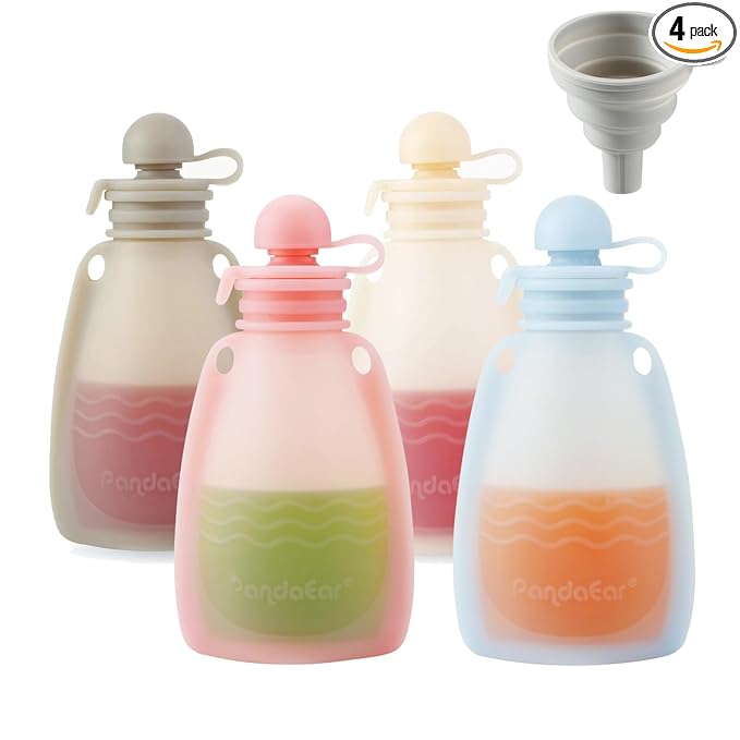 PandaEar Reusable Silicone Baby Food Pouches, 4 Pack Squeeze Pouches for Toddler Kids, BPA-Free Silicone Refillable Baby Food Storage, 5 oz