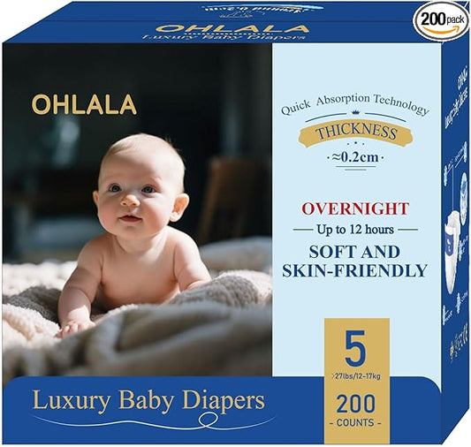 OHLALA Luxury Diapers Size 5 200 Count 27+ lbs Skin-Friendly & Leakproof Hypoallergenic Fragrance-Free Lightweight 4 Pack