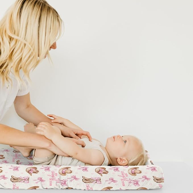 Baby Girls Changing Pad Covers Western New Cowgirl in Town, Pink Bow Ribbon Boot Hat Safe Snug Fitted Diaper Table Sheet, Soft Breathable Stretchy Change Mat Shower Gift Fit 32 34 x 16