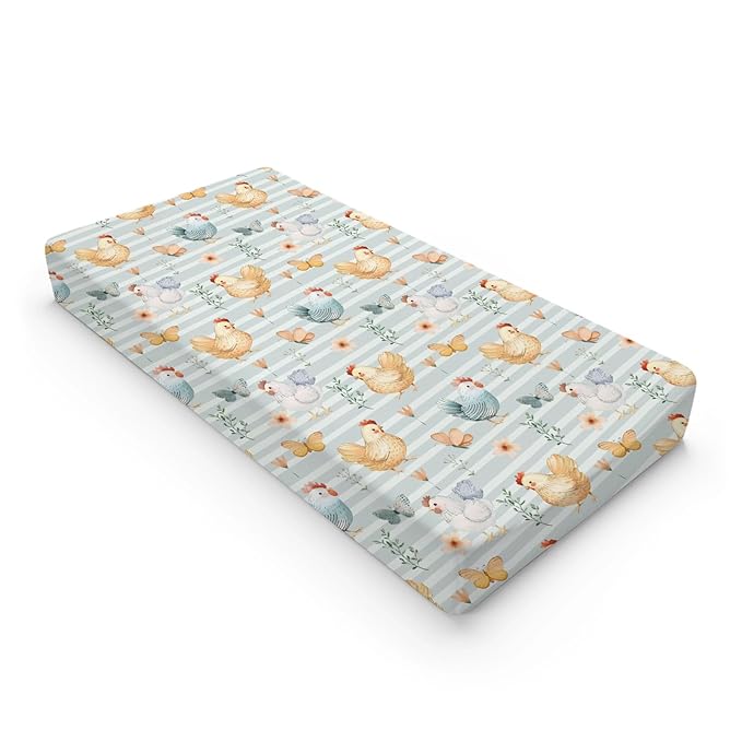 Watercolor Farm Chicken Butterflies Flowers Floral Stripes Baby Changing Pad Cover, Unisex Chicken Nursery Diaper Changing Table Pad Mat Sheet for Boys Girls-16x32