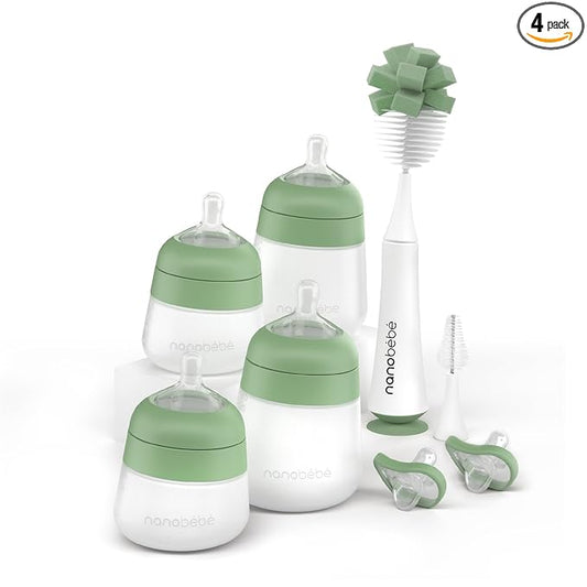 Nanobebe Silicone Baby Bottle Flexy Set with Anti-Colic Nipples, Bottle Brush and Pacifiers - 5oz and 9oz - Sage