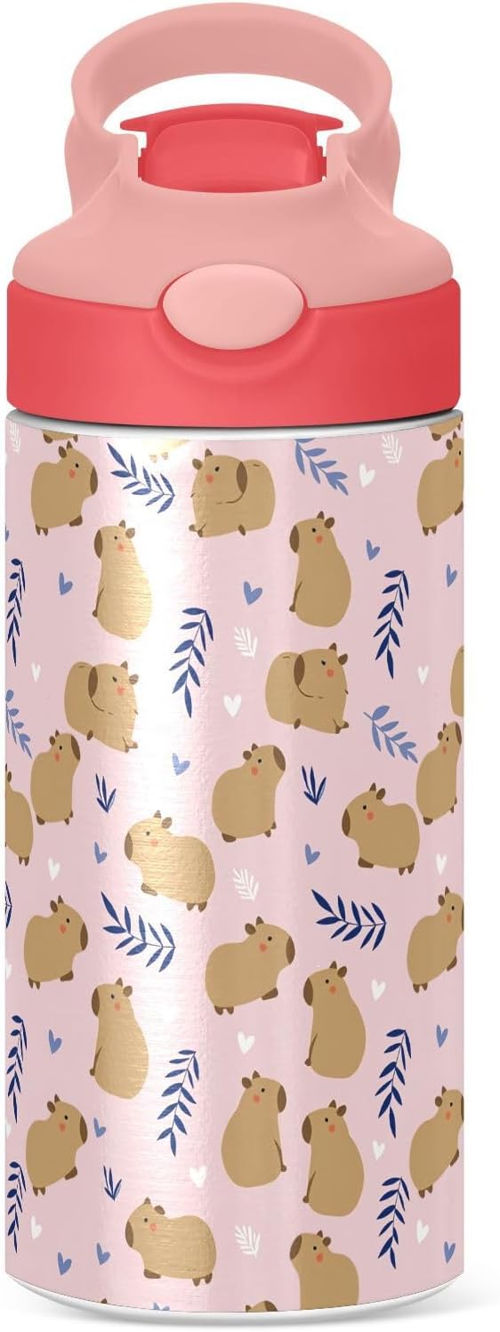 Cute Cat Kitty Girls Water Bottle with Straw and Carry Handle Cartoon Animals Pink Vacuum Insulated Stainless Steel Bottles Leak-Proof for Boys Kids Toddler 12 oz Pink Lid
