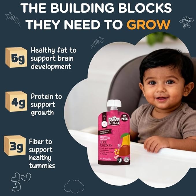 Li'l Hala Chicken Baby Food Meat Pouch | Caribbean Chicken (12ct) | 6+ Months Savory Baby Food Pouches with Protein and Organic Veggies, Toddler Snacks with Iron & Fiber | Stage 2 Meat Puree