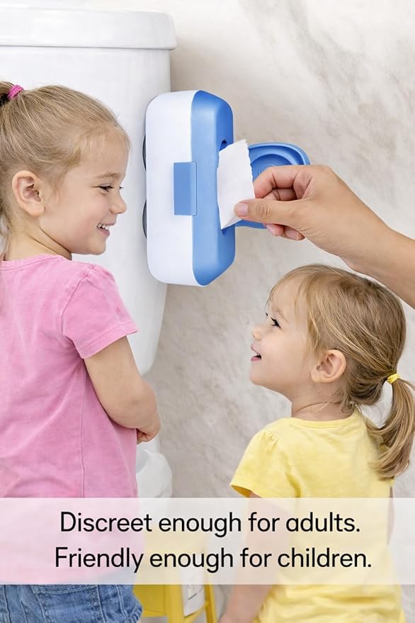 Loo Kids Flushable Wipes Dispenser – Fits Standard Size Flushable Wipes Only – No-Drill Suction Mount Wipe Holder for Toilet Tank, Tile, or Smooth Bathroom Surfaces, Blue