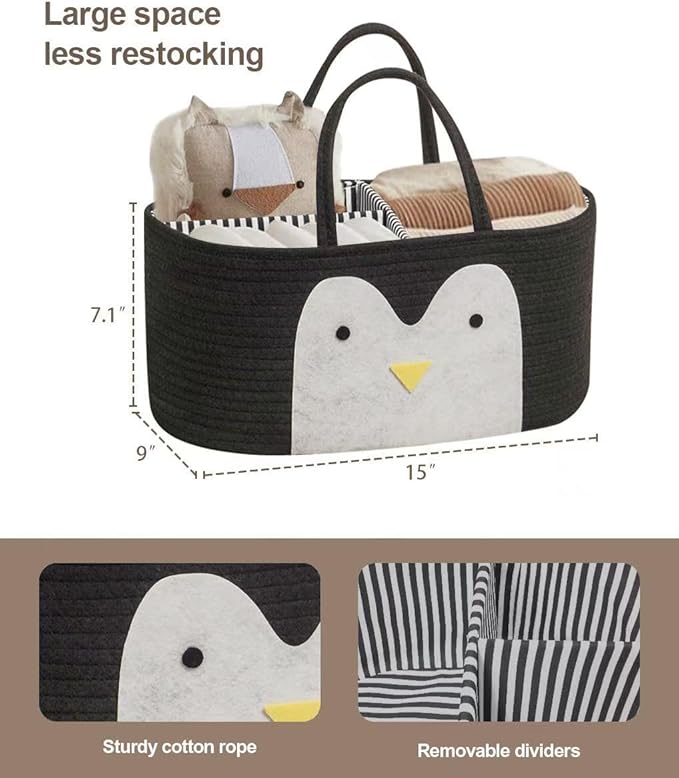 T&T Homewares Diaper Caddy Organizer, Cotton Rope Diaper Caddy Basket, Baby Shower Basket, Nursery Storage Bins, Newborn Caddie- Cat, Fox, Penguin (Black Penguin)