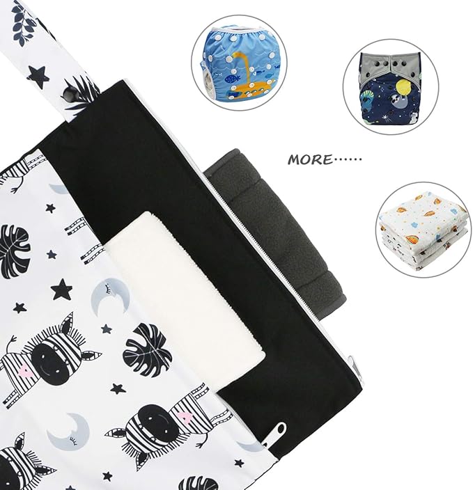 Grab and Go Waterproof Washable Reusable Diaper Wet Dry Cloth Diaper Bags, zebra