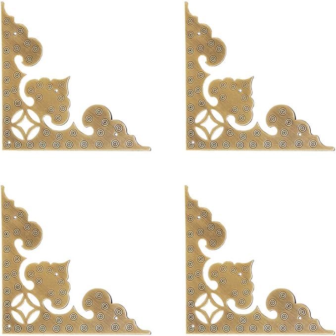4Pcs Large Antique Brass Hollow Pattern Corner Protectors, 4" Vintage Hardware Desk Edge Wooden Jewelry Gift Box Corner Guard