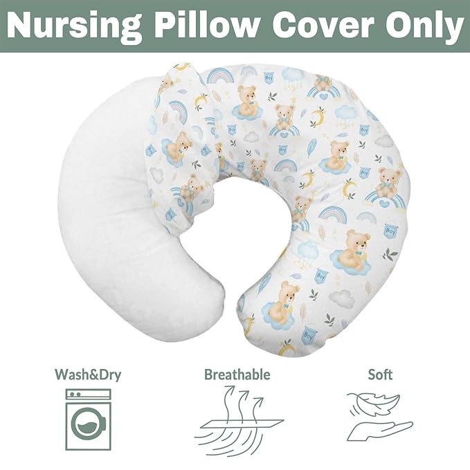Watercolor Bear Rainbow Blue Baby Nursing Pillow Covers for Girl Boy Cute Bears Moon Stars Clouds Nursery Slipcovers for Breastfeeding Pillows Pastel Animal Soft Stretchy Cover for Newborn Infant
