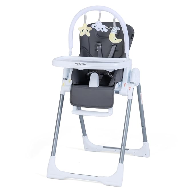 BABY JOY Foldable High Chair, Portable Highchairs for Babies and Toddlers with 7 Heights, 5 Recline Positions, Adjustable Foot Rest, Double Removable Tray & Built-in Wheels (Dark Gray)