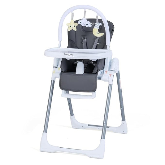 BABY JOY Foldable High Chair, Portable Highchairs for Babies and Toddlers with 7 Heights, 5 Recline Positions, Adjustable Foot Rest, Double Removable Tray & Built-in Wheels (Dark Gray)
