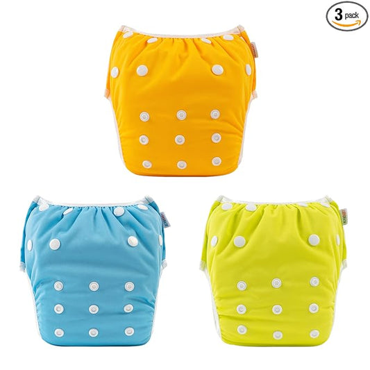 ALVABABY Baby Swim Diapers 3pcs Large Size Reuseable Washable & Adjustable for Swimming Lesson & Baby Gifts Yellow Orange Blue3ZSWY19