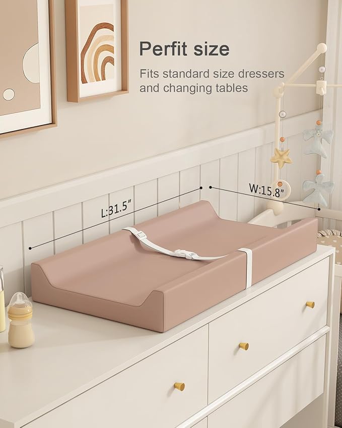 YACODAVO Wipeable Baby Changing Pad for Dresser and Table, Cozy Diaper Changing Pad with Waterproof & Wipe-Clean Leather Cover, Light Brown