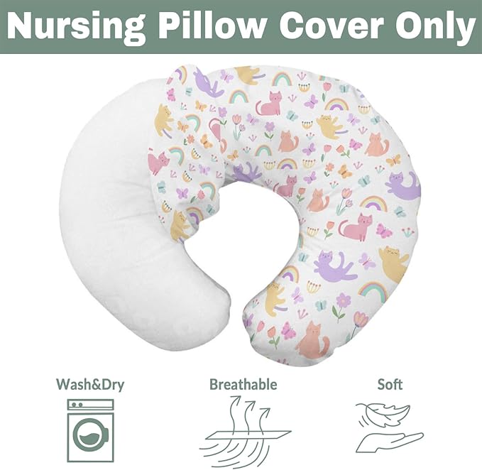 Colorful Cats Rainbow Flowers Baby Nursing Pillow Covers for Boy Girl Rainbow Cats Butterflies Nursing Slipcovers for Breastfeeding Pillows Cats Lover Gift Soft Stretchy Cover for Newborn Infant