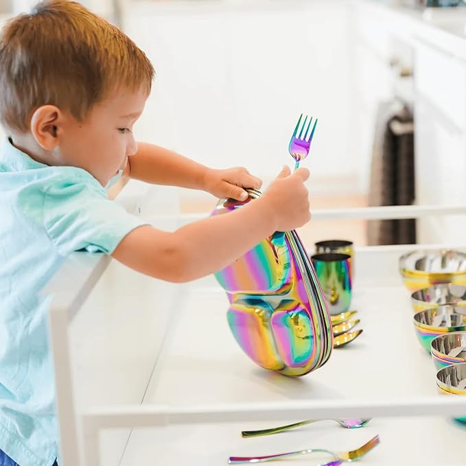Ahimsa Kids Stainless Steel Utensils, 8 Piece Kid Forks and Spoons Set, Pediatrician Designed Rainbow Silverware, 100% BPA Free & Dishwasher Safe (Rainbow)