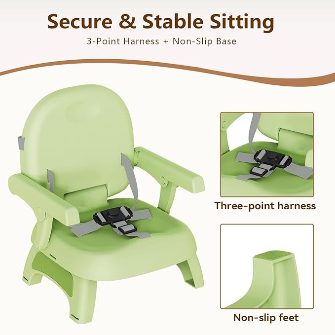 Booster Seat for Kitchen Chair, 3-in-1 Foldable & Portable Booster Seat with Tray, Extra Dishwasher-Safe Tray, Safety Straps for 6–18M (Up to 30 lbs), for Dining Table & Travel, Green
