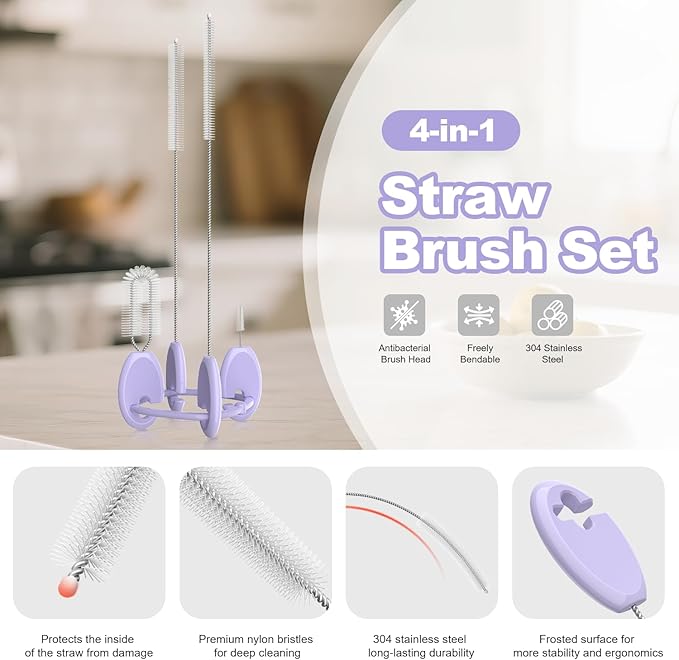 YOTIME 4in1 Straw Cleaner Brush Set, Reusable Standing Straw Brushs with Holder Ring, for Wide and Narrow Straws, Tumblers, Water Bottles and Cups, Purple