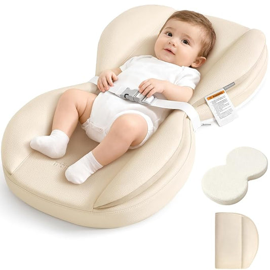 Baby Changing Pad, Waterproof Wipe-Clean PU Leather with High-Density Foam, Non-Slip Contoured Cushioned Edges with Adjustable Safety Strap, for Dresser & Changing Table, 28"×16", Beige