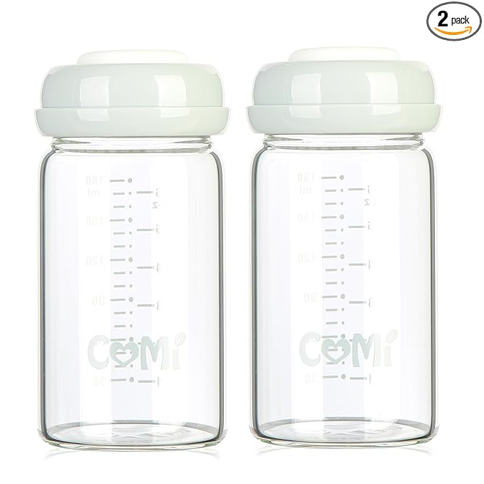 COMI Wide Neck Glass Breastmilk Collection n Storage Bottle, 6oz with Screw Ring Sealing Disk; Re-markable Sealing Disc. BPA Free, Fits Breast Pumps & Nipples (2 Pack Gray Lids)