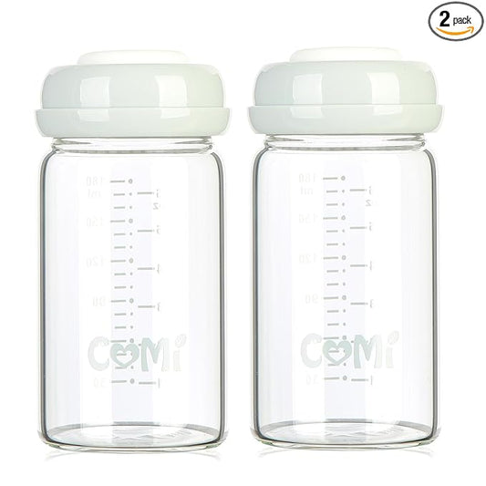 COMI Wide Neck Glass Breastmilk Collection n Storage Bottle, 6oz with Screw Ring Sealing Disk; Re-markable Sealing Disc. BPA Free, Fits Breast Pumps & Nipples (2 Pack Gray Lids)