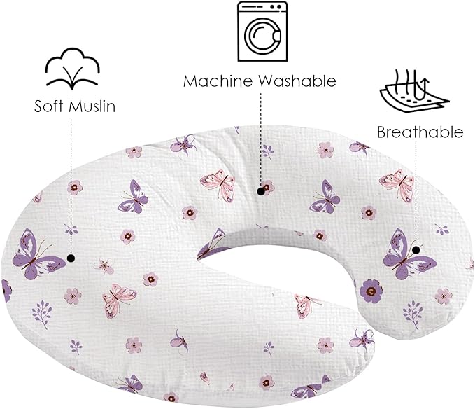 Little Grape Land Muslin Nursing Pillow Covers 2 Pack, 100% Cotton Removable Breastfeeding Pillow Covers, Feeding Pillow Slipcovers for Baby Boys & Girls, (Purple Butterfly & Purple)
