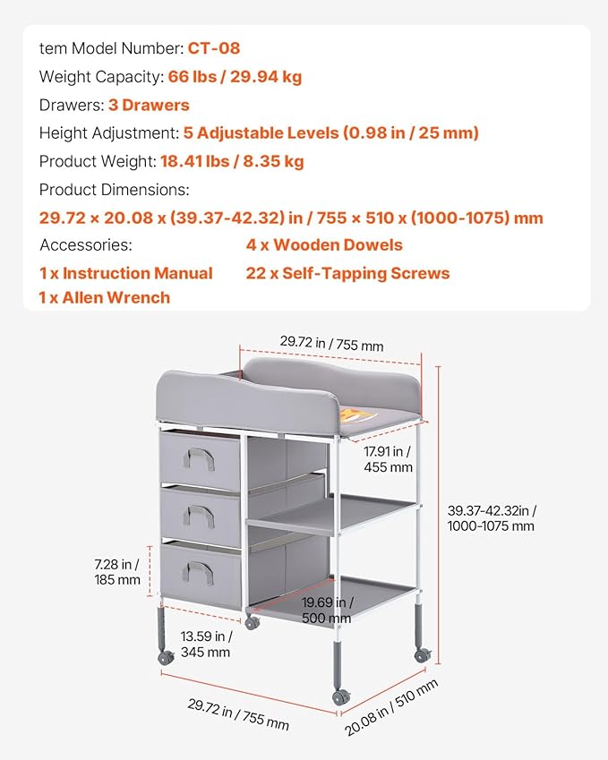 VEVOR Baby Changing Table, Adjustable Height Diaper Change Station with 3 Fabric Drawers & Lockable Wheels, Portable Multifunctional Changing Station Table with Storage Organizer Nursery, Gray