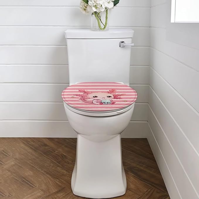 Cute Cartoon Axolotl Toilet Seat Lid Cover Flannel Fabric Toilet Seat Covers Kids Bathroom Decor Toilet Dust Cover Keep Clean Tidy Universal for Most Toilet Bowl Lids Pink