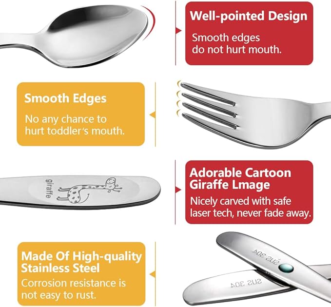 4-Piece Kids Utensils Set - Stainless Steel Training Forks & Spoons with Rounded Edges | Self-Feeding Kid Tableware Set for 2+ Years and Preschoolers | Dishwasher Safe
