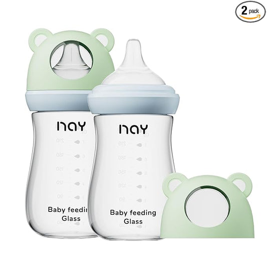 yanyoyo Natural Glass Baby Bottle for Breastfeeding Babies, 8oz Anti-Colic Baby Bottle with Natural Response Nipple(M), Clear, Wide Neck, 2 Pack, 3 Months+