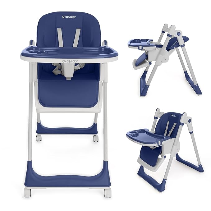Cochildor 3-in-1 Foldable High Chair for Babies & Toddlers – Adjustable Height, Reclining Seat, 5-Point Safety Harness, Removable Tray, Lockable Wheels, Washable Cushion – Portable & Easy Clean, Blue