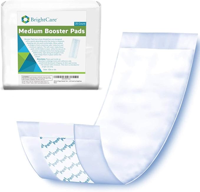 Medium Adult Diaper Booster Pad Liner - Inserts with Adhesive (12 x4 Inch) - Doubler Locks in Moisture Throughout Day or Night (25 Count) by BrightCare