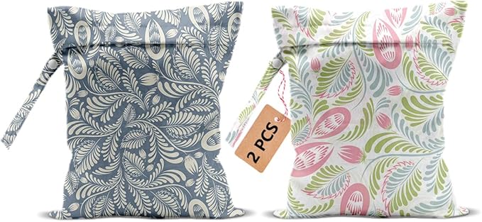 2Pcs Plant Wet Bags 12x10 Inch, Leaves Waterproof Travel Laundry Bags, Washable Reusable Wet Dry Bag for Swimsuit Pool Beach Diapers Dirty Yoga Gym Clothes, Plant Gifts for Women Friend Travelers