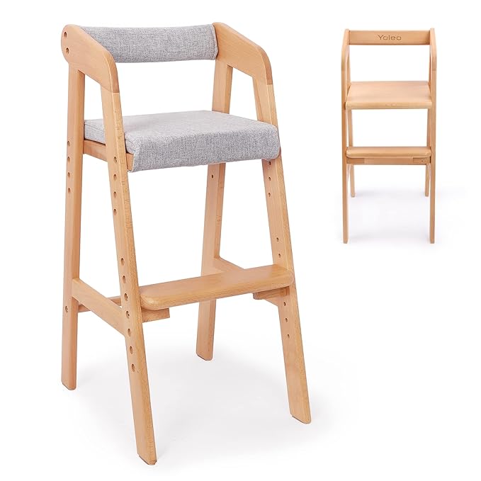 Wooden High Chair for Toddlers, Adjustable Feeding Chair with Removable Cushion for Child, High Chair Grows with Kid for Dining, Studying, Step Tool(Natural Color)