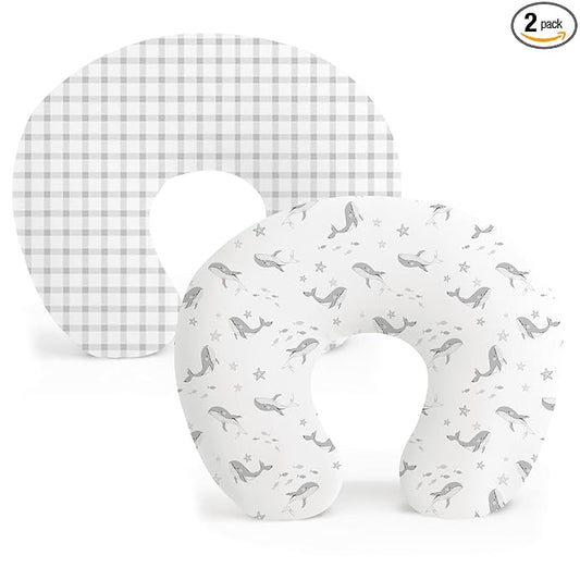 Konssy 2 Pack Nursing Pillow Covers, Stretchy and Soft Nursing Cover for Breastfeeding Pillows, Pillow Slipcover for Baby Girls Boys Newborn (Starry Whales,Cozy Grid)