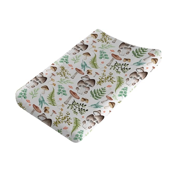 Mushrooms Forest Changing Pad Covers Watercolor Mushroom Green Leaves Diaper Changing Table Sheets for Girl Boy Wild Plant Soft Breathable Stretch Fitted Baby Change Table Mats 32''x16''