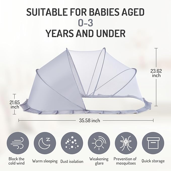 Folding Crib Net Mosquito Net for Baby – Kids Mosquito Netting Mesh Crib Canopy, Crib Blackout Cover with Shade Cover for Toddler Sleeping Outdoors, Travel Portable Baby Bed Tent, Grey, 36x22inch