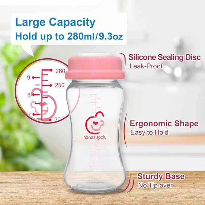 NENESUPPLY Breastmilk Storage Bottles Collection for Spectra S1 S2 Motif Luna Breast Pumps 4 pc 9oz 280ml with Collar and Sealing Disc. Replace Spectra Bottles for Pumping Wide-Mouth
