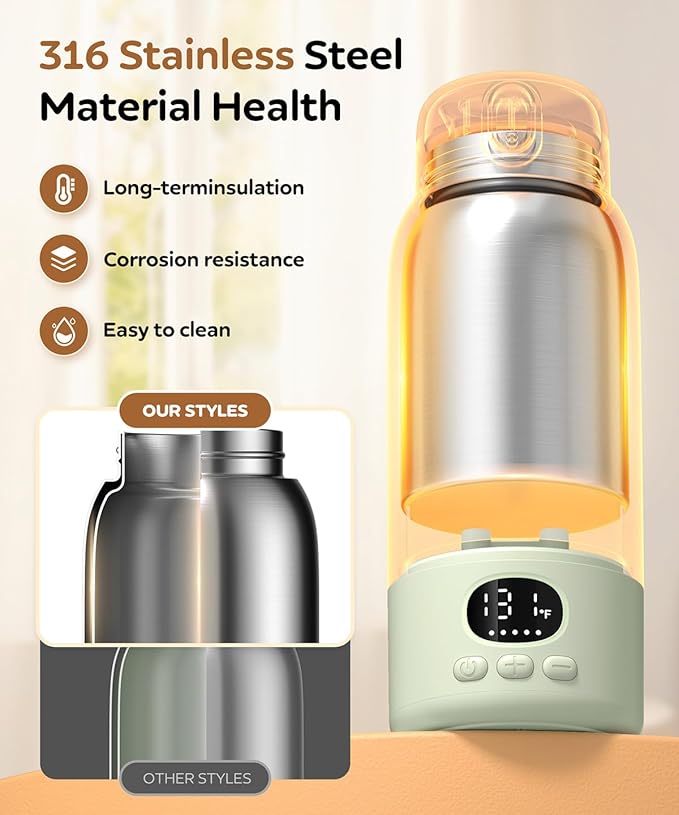 SORUTO Portable Bottle Warmer for Travel - Fast Heating Milk Warmer for Breastmilk or Water, 17oz Large Capacity, Precise Temperature Control, Water Warmer for Car, Travel, Outdoor