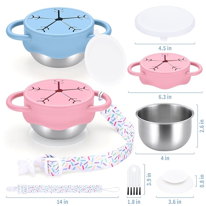 Qtencas 2 Pack Stainless Steel Snack Containers for Toddlers with Spill-Proof Silicone Lids and Handles, Food Grade Snack Cups for Toddlers Kid（Pink and Blue）