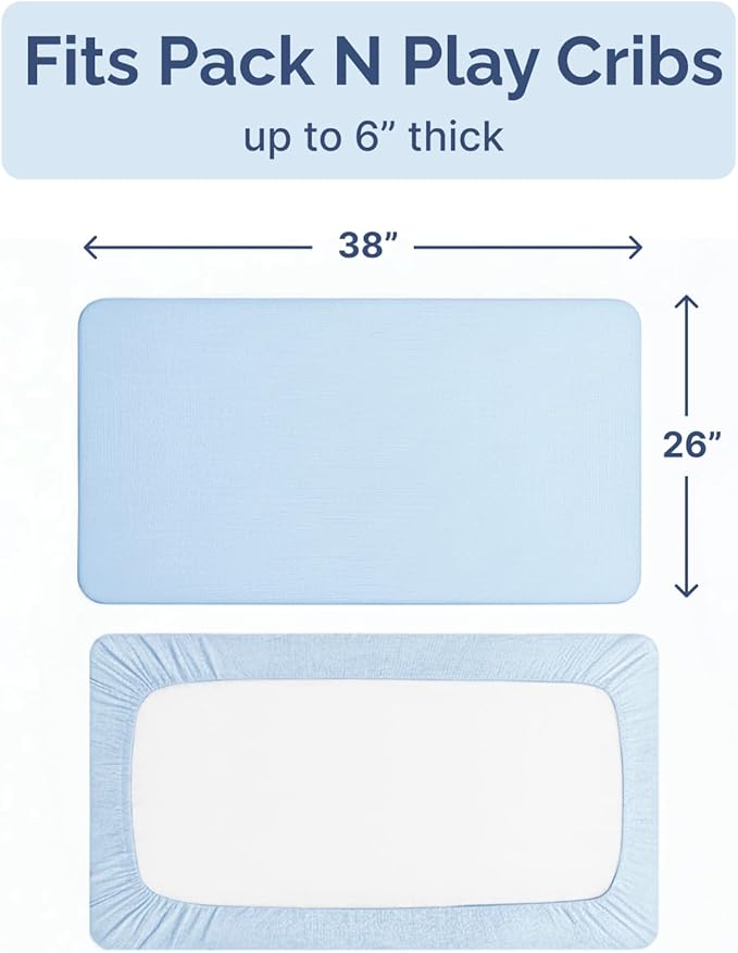 Pack and Play Sheets Fitted - 2 Pack Mini Crib Sheets for Pack N Play Mattress - Unisex Playard Microfiber Bedding for Boys & Girls - Breathable & Wrinkle Free - Oeko-Tex, 38 x 26in - Navy Baby Blue